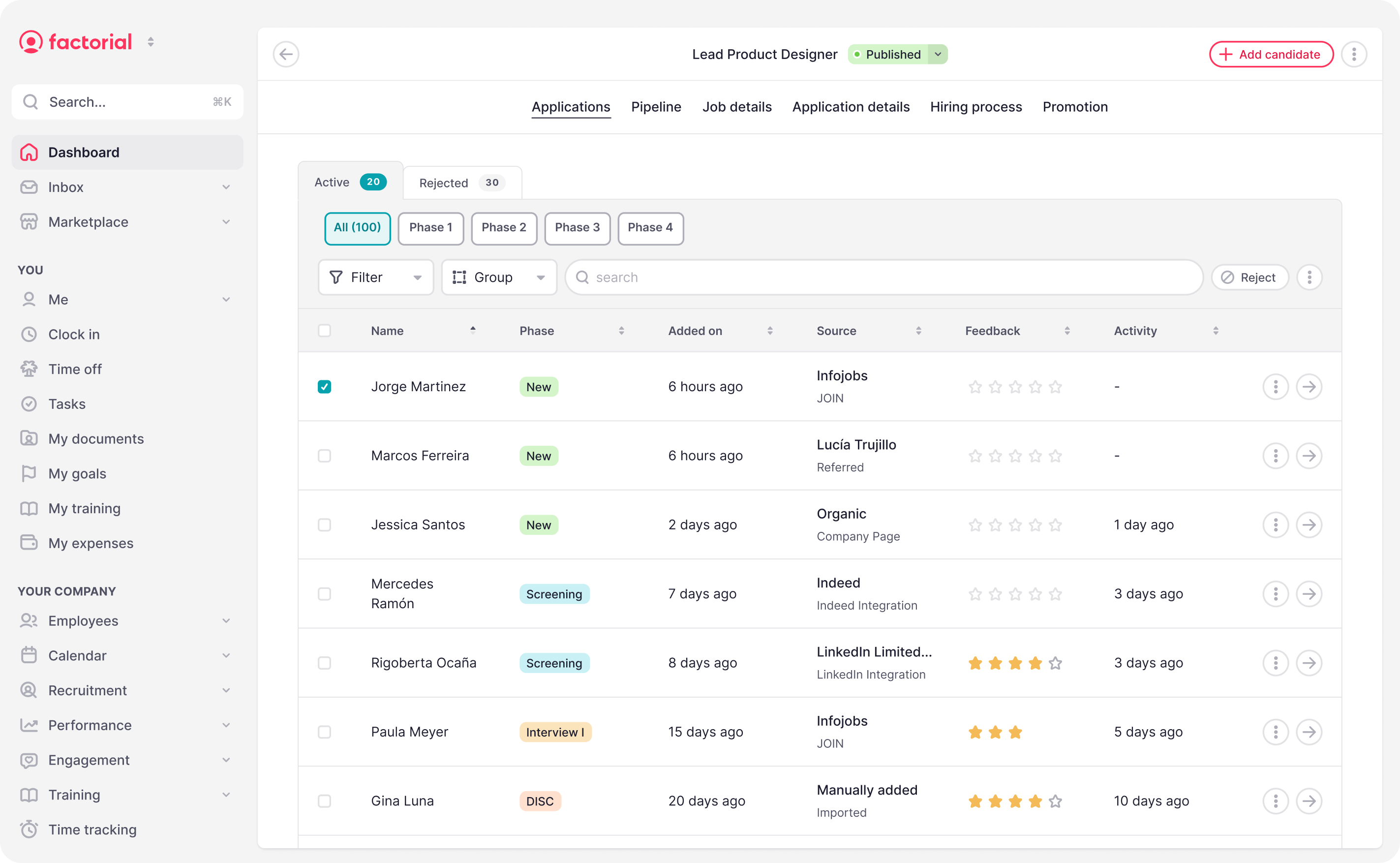 Applicant list screenshot